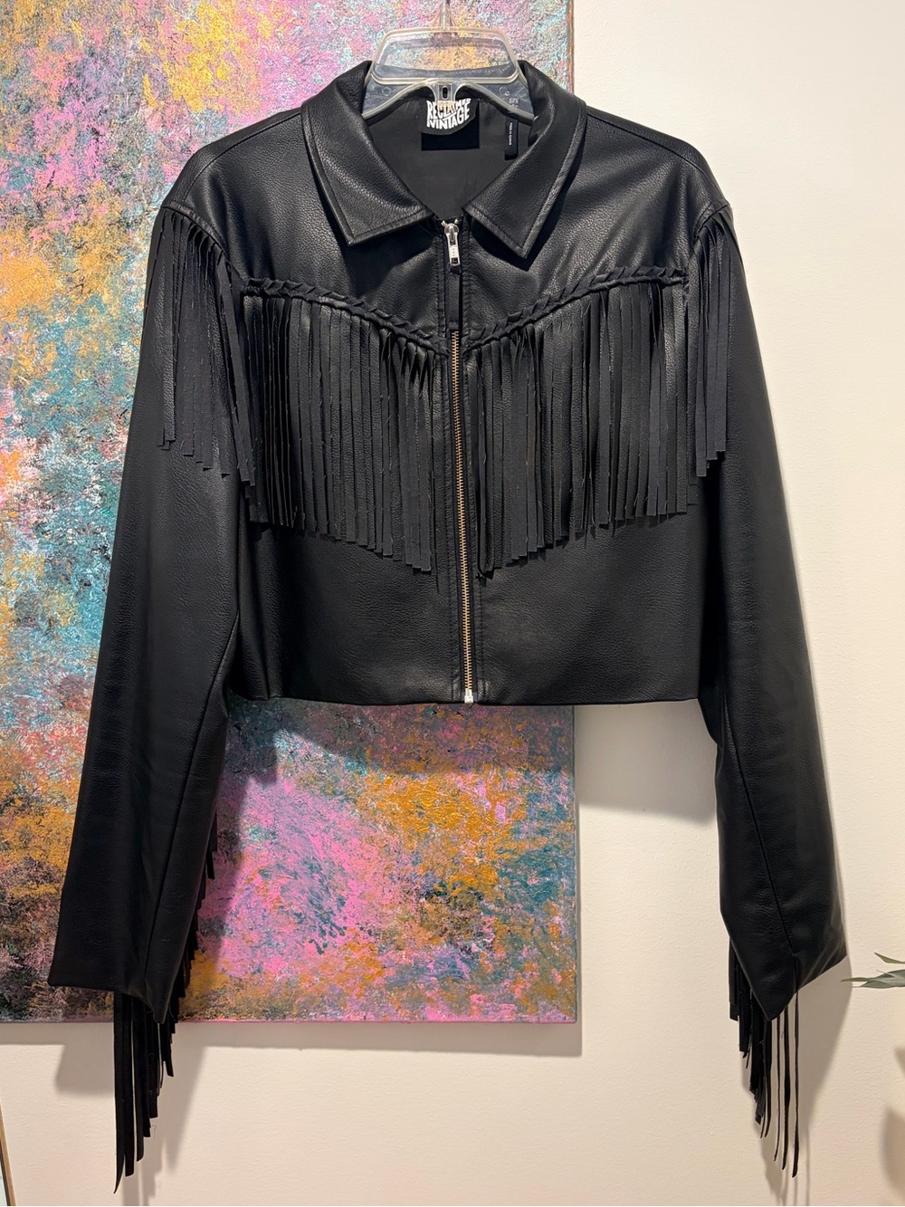 ASOS Reclaimed Vintage Cropped Black Fringe Faux Leather Jacket size 10